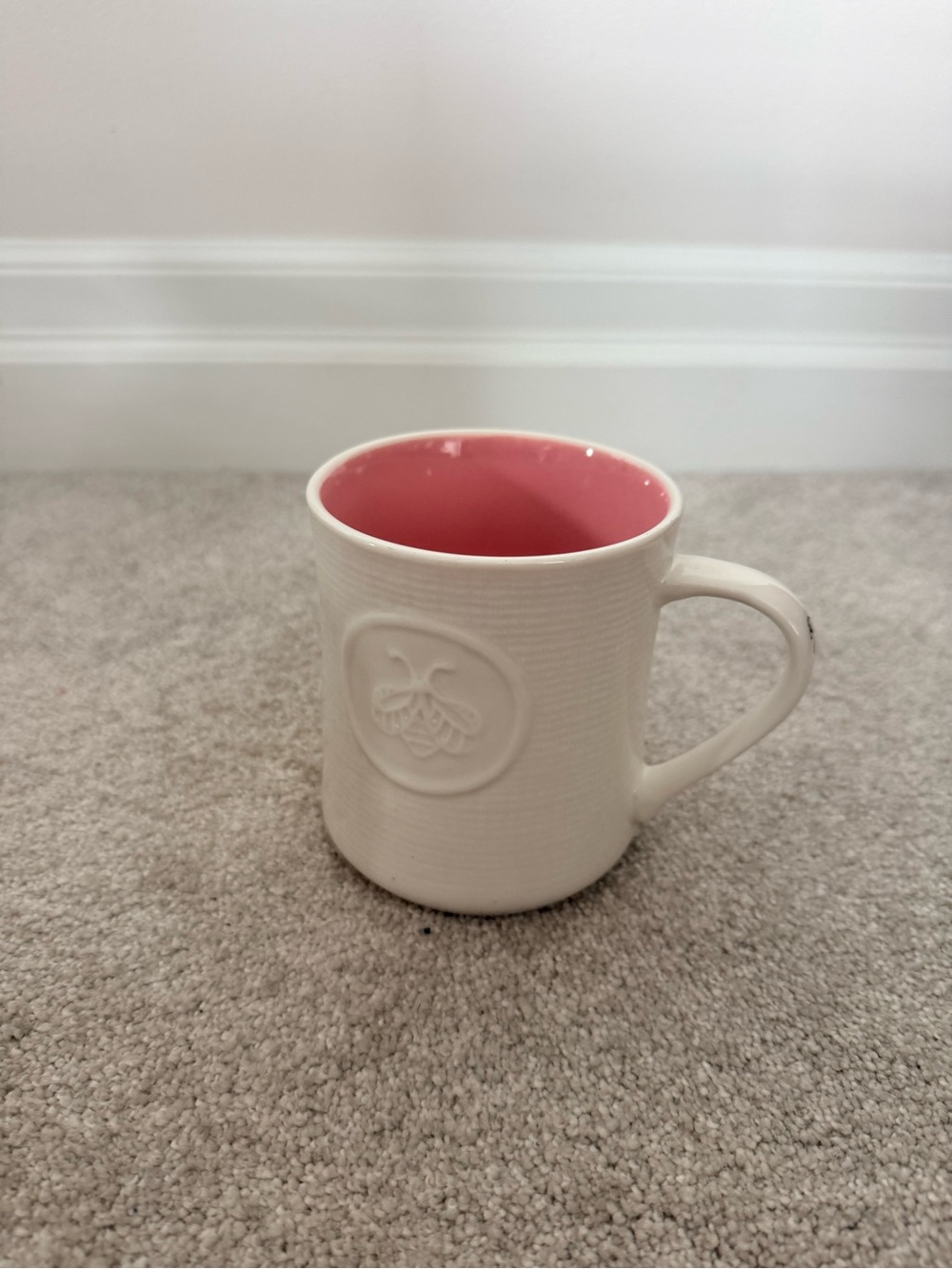 Ceramic White Mug with Pink Interior - Bee Embossed queen bee on handle